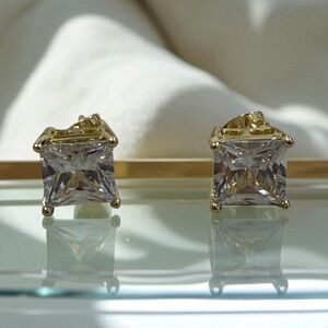 Set of 2 Pair of 14k Gold Electroplated Diamond Cut Cz Style Square Earrings